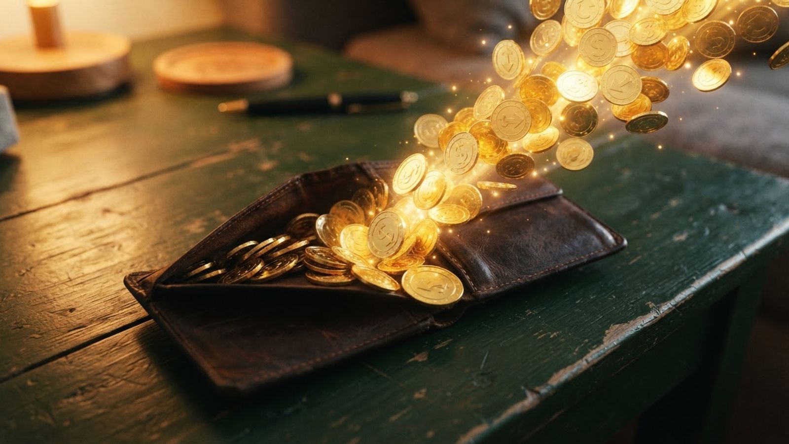 Pièces dorées qui reviennent dans un portefeuille sur une table verte