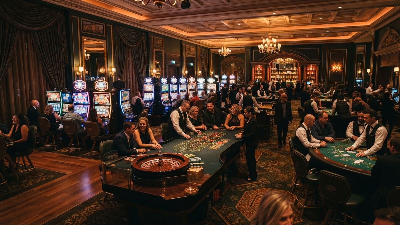 Salle de casino élégante avec machines à sous et roulette