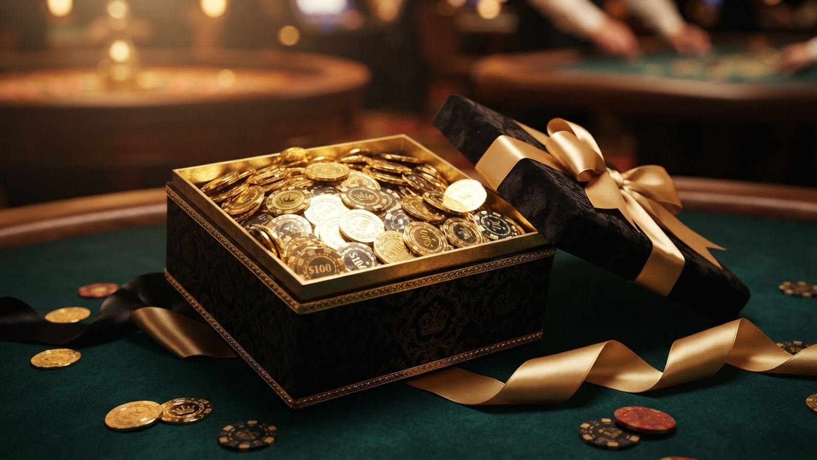 Coffret cadeau rempli de pièces dorées posé sur une table verte